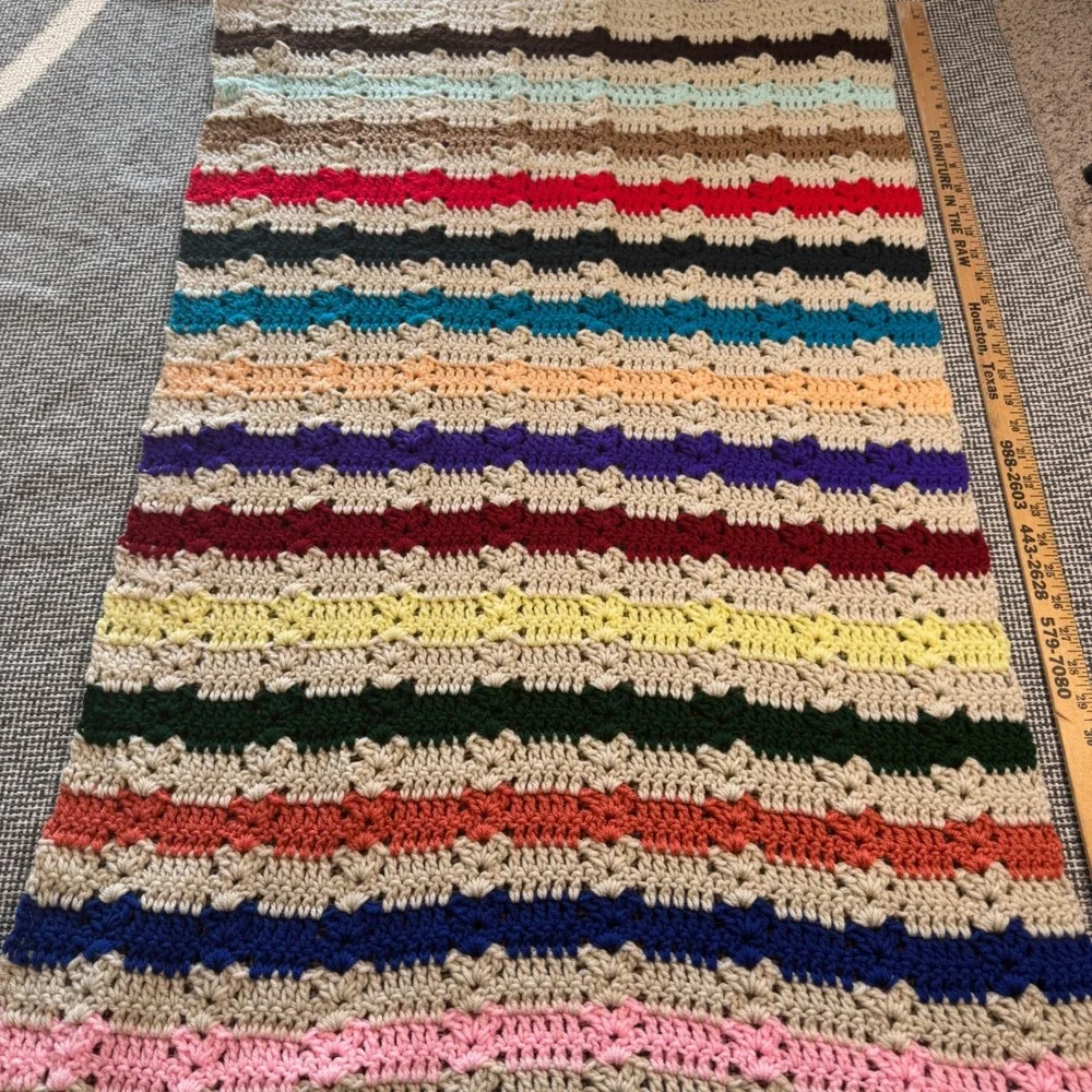 Handmade Crochet Baby Blanket Striped Rainbow Multi-Color Beige Throw 35x26 Soft